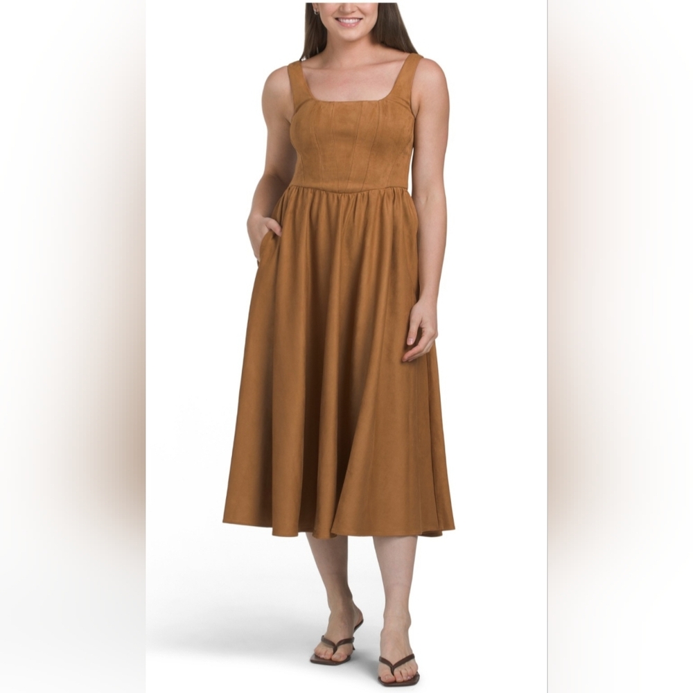 NWT WAYF Faux Suede Corset Midi Dress in Tan - Size S